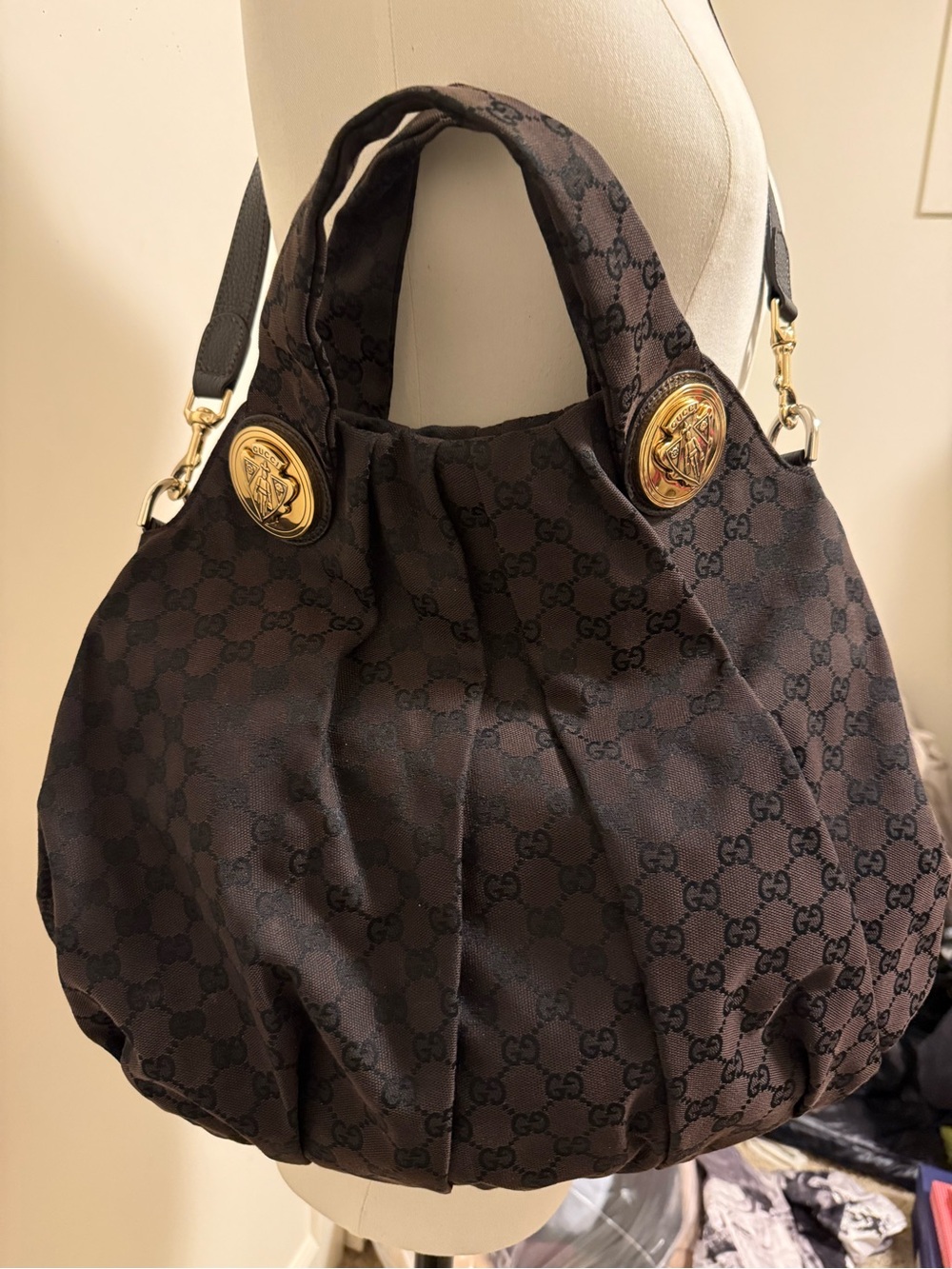 Gucci Brown and Black GG Canvas Hobo bag with Gold Medallions
